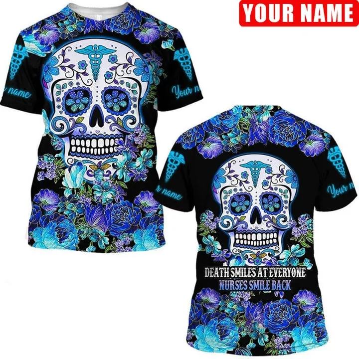 3D All Over Print Skull Nurse Smile Back Shirt, Best Idea Gift for Nurse, Skull Flower Nurse Shirt