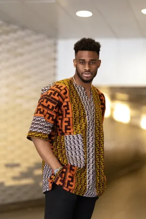 African Shirt in Earthy Mud Cloth