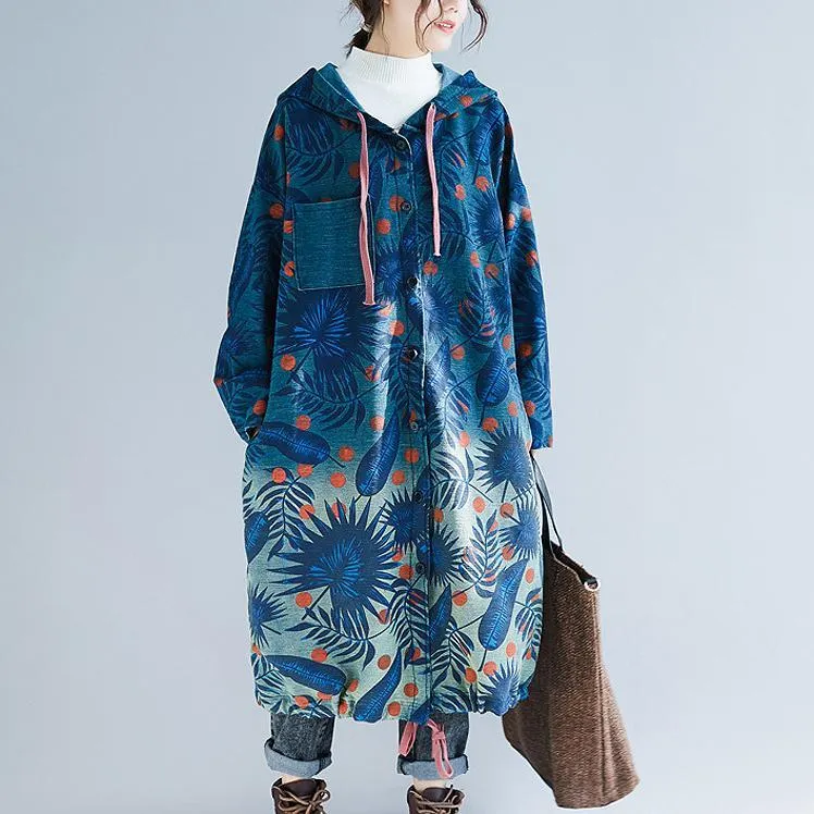 BABAKUD Retro Long Section Printing Loose Hooded Denim Windbreaker Coat