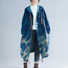 BABAKUD Retro Long Section Printing Loose Hooded Denim Windbreaker Coat