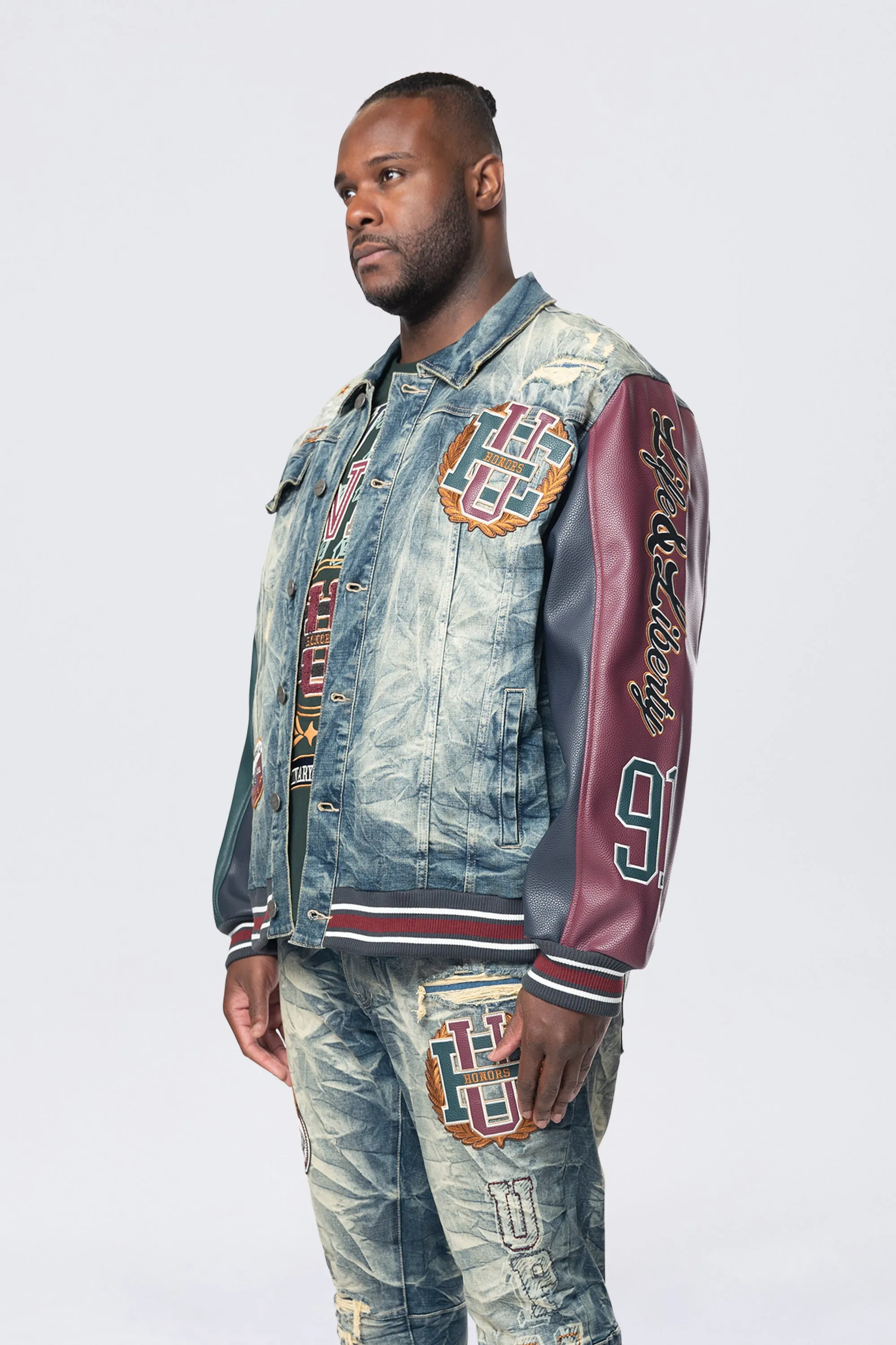 Big and Tall - Vegan Leather Sleeve Varsity Denim Jacket - Alley Blue