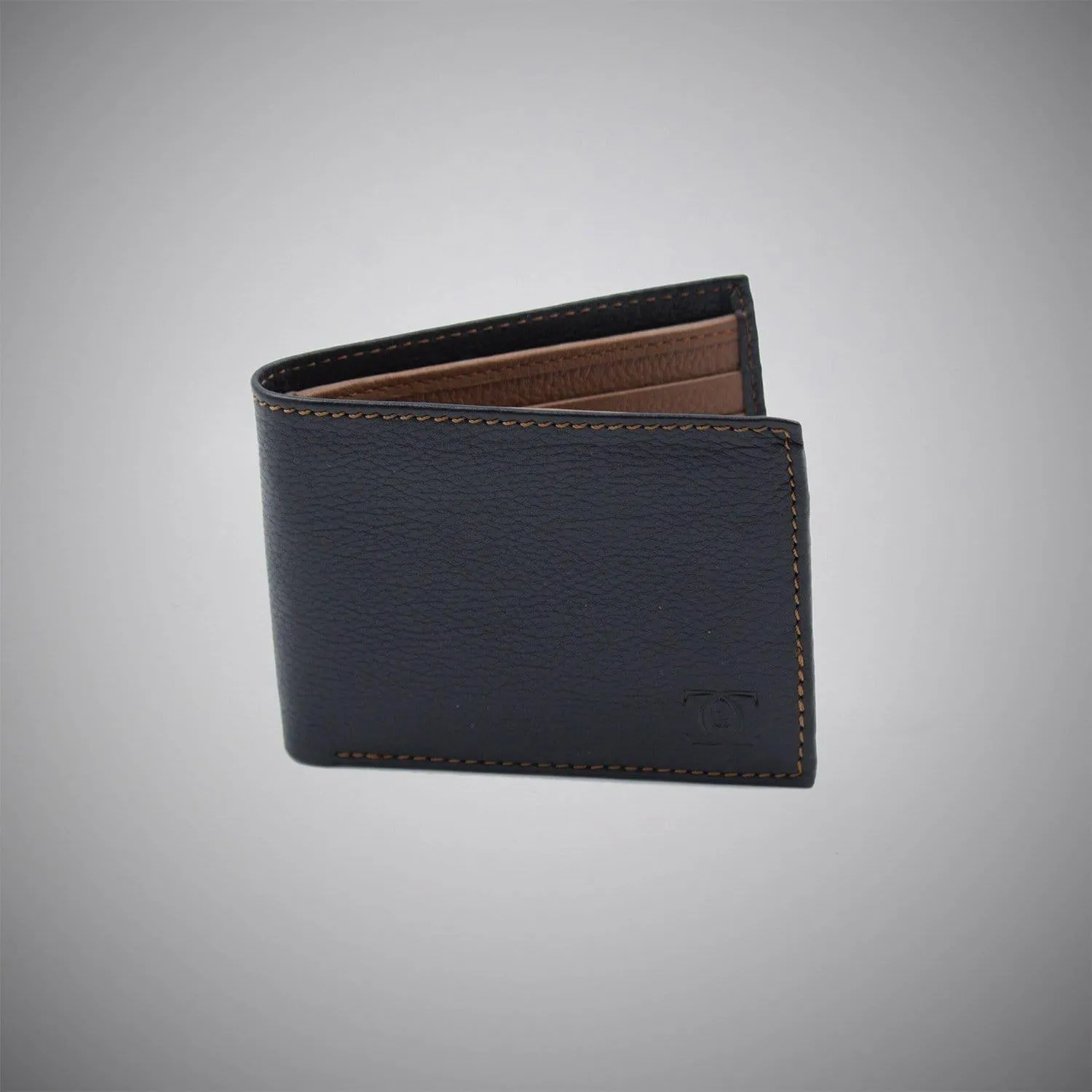 Black Embossed Calf Leather Wallet With Tan Stitch 001