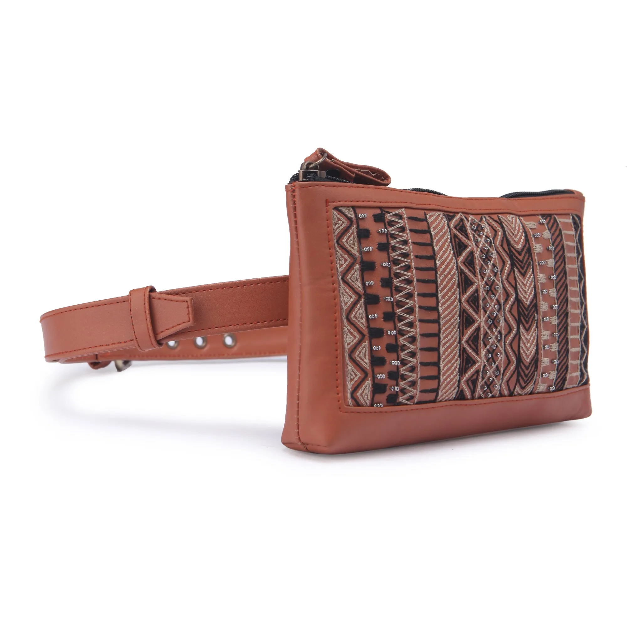 Brown Dhaka Hand Embroidered Waist Belt Bag