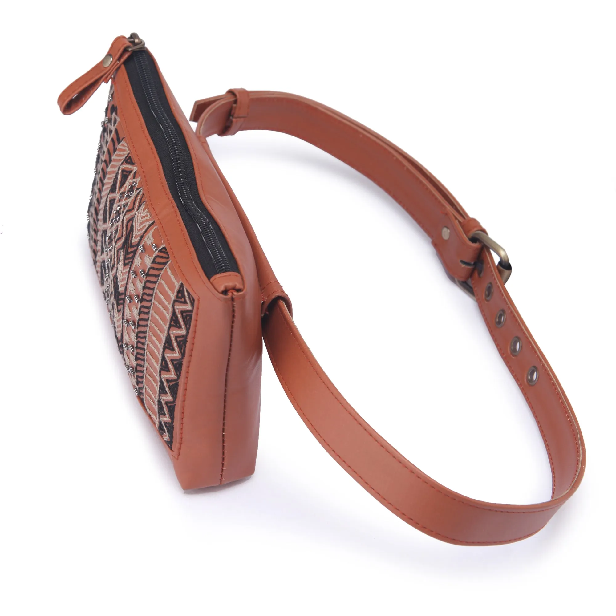 Brown Dhaka Hand Embroidered Waist Belt Bag