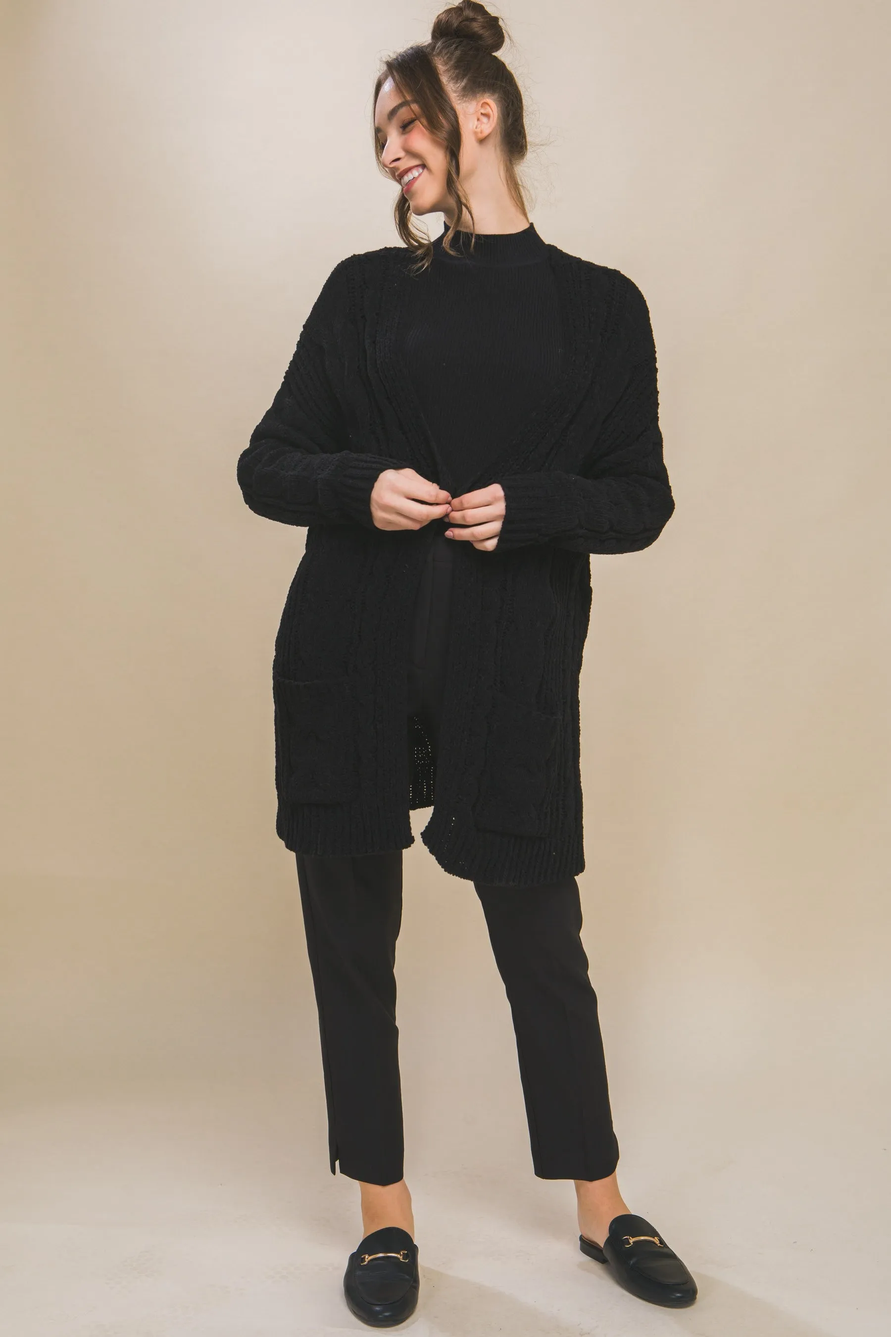 Catch Your Breathe Chenille Cardi Sweater in Black