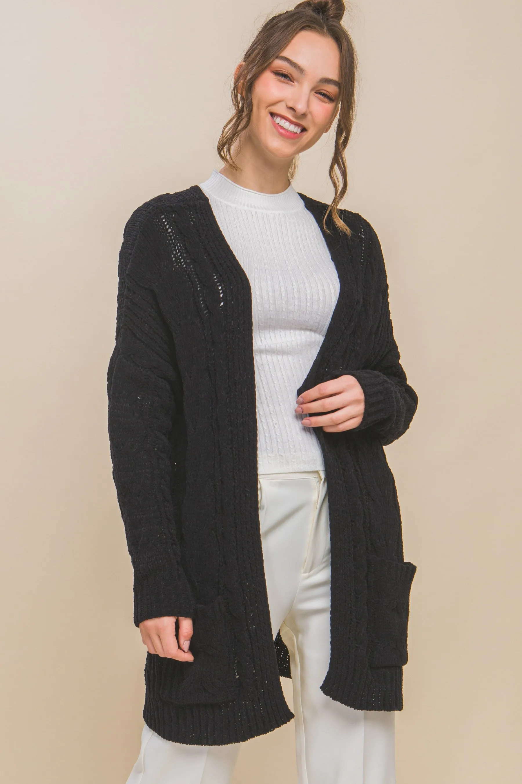 Catch Your Breathe Chenille Cardi Sweater in Black