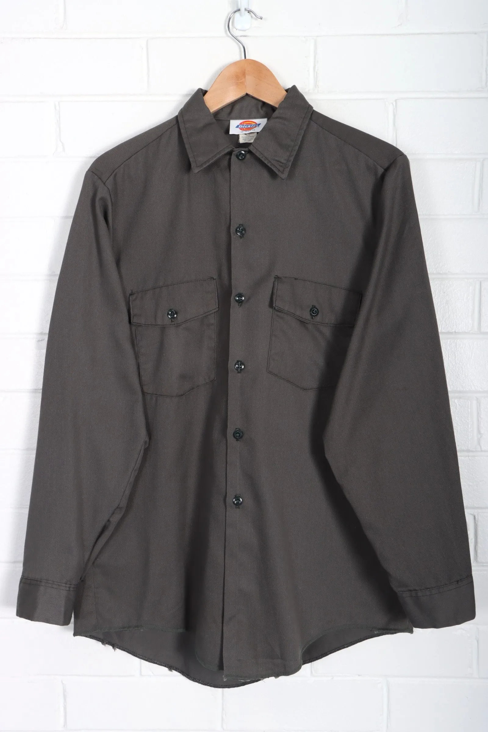 DICKIES Dark Khaki Long Sleeve Work Shirt USA Made (L)