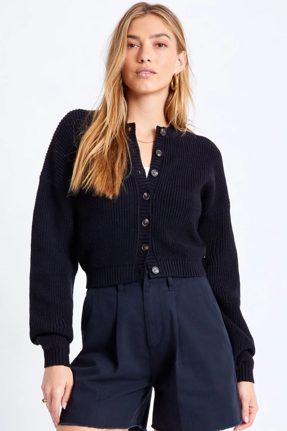 Domino Button Front Black Cardigan