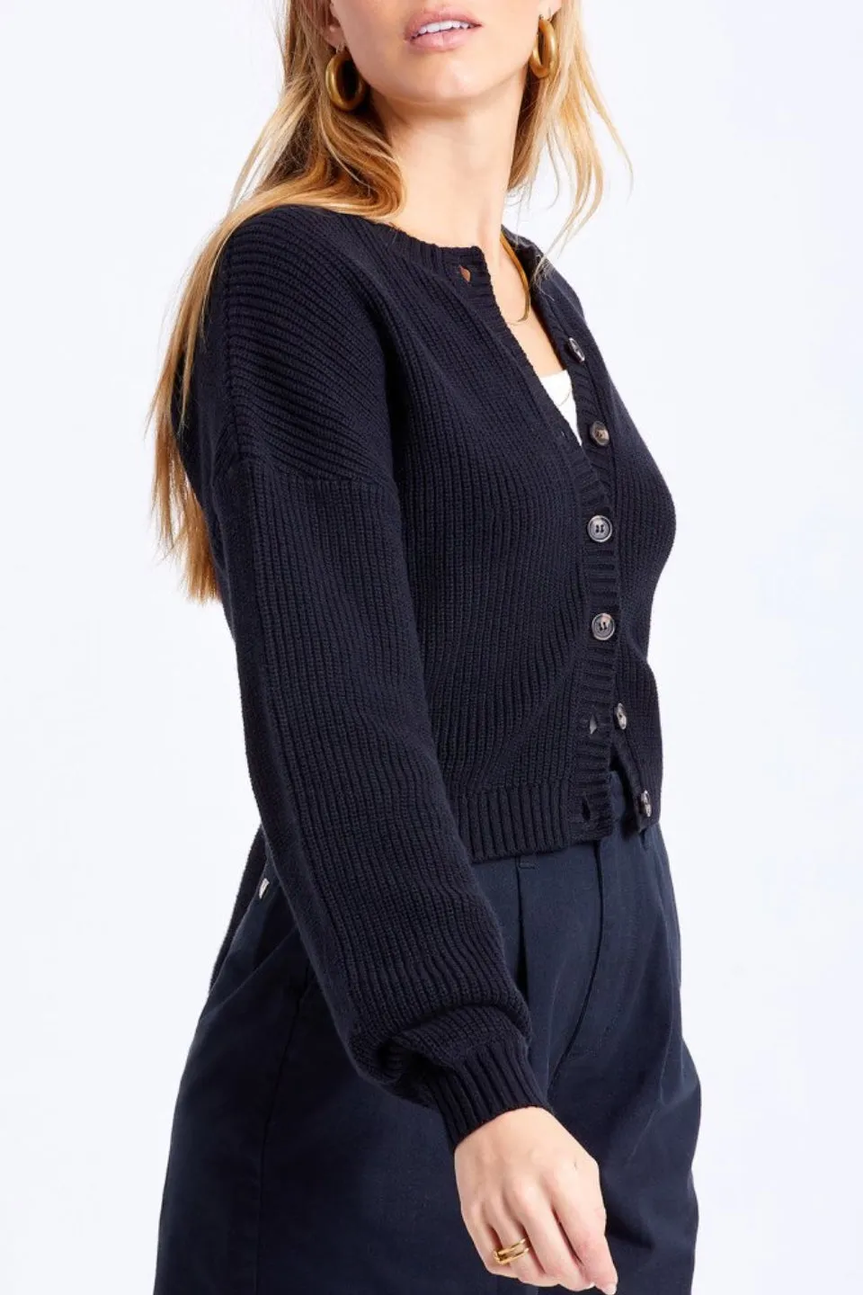 Domino Button Front Black Cardigan