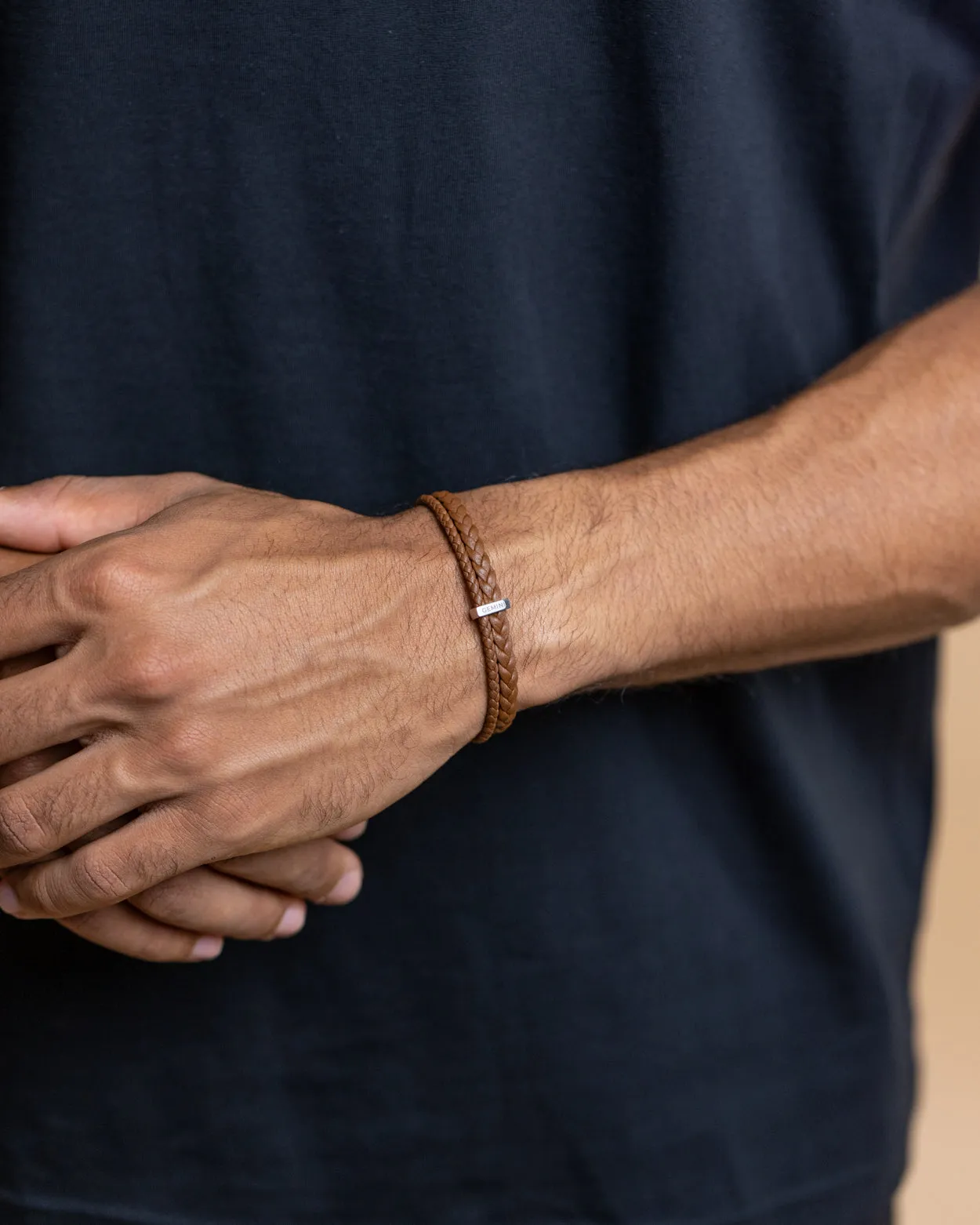 Double light brown Italian nappa leather bracelet with silverplated finish