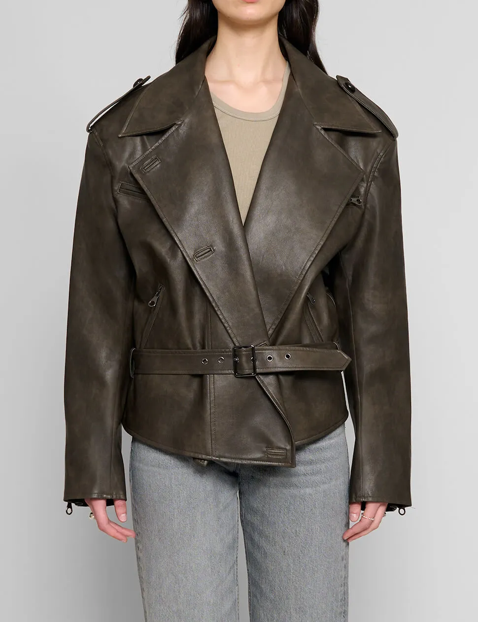 Drop-Waist Belted Leather Jacket