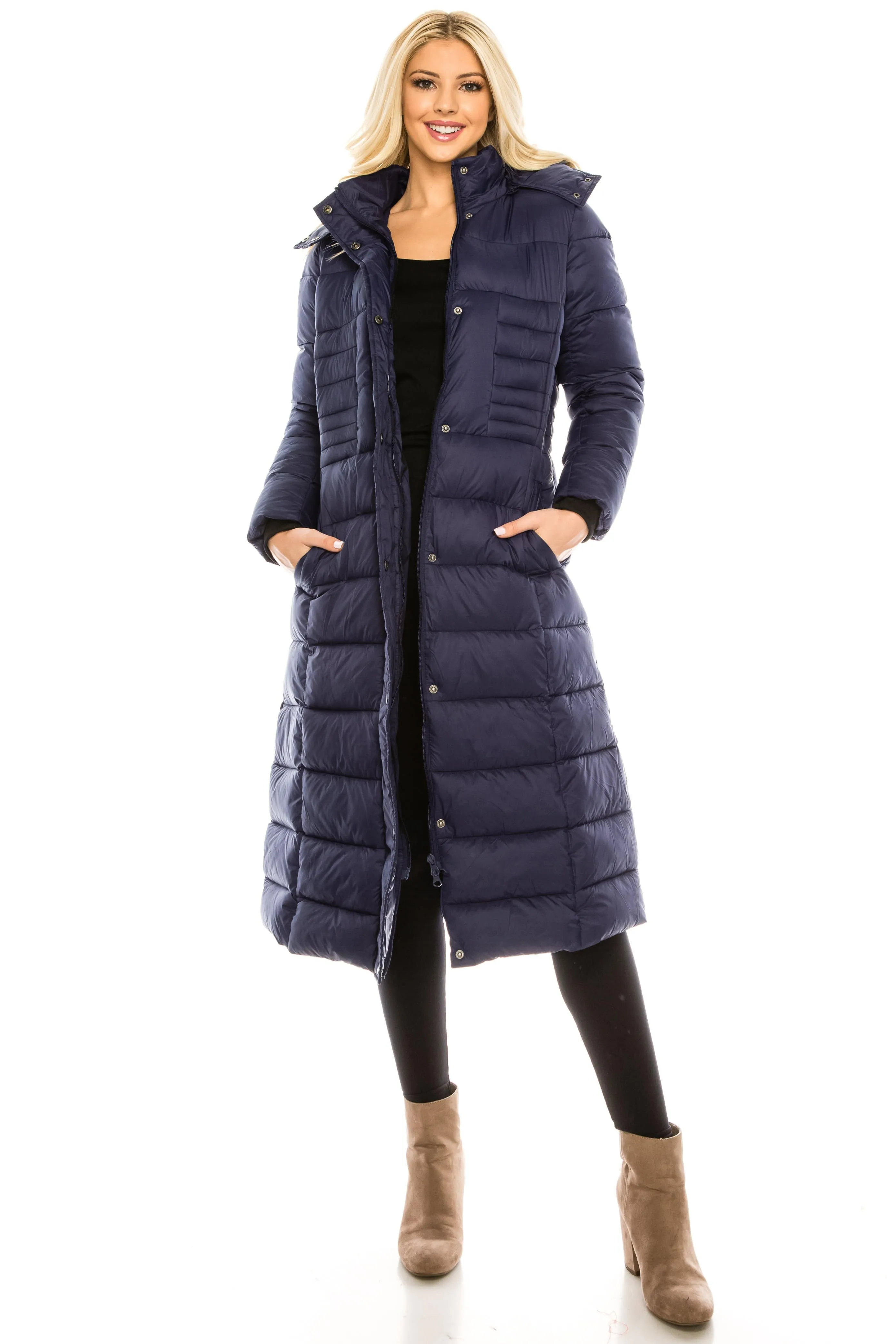 Haute Edition Women's Maxi Length Quilted Puffer with Fur Lined Hood