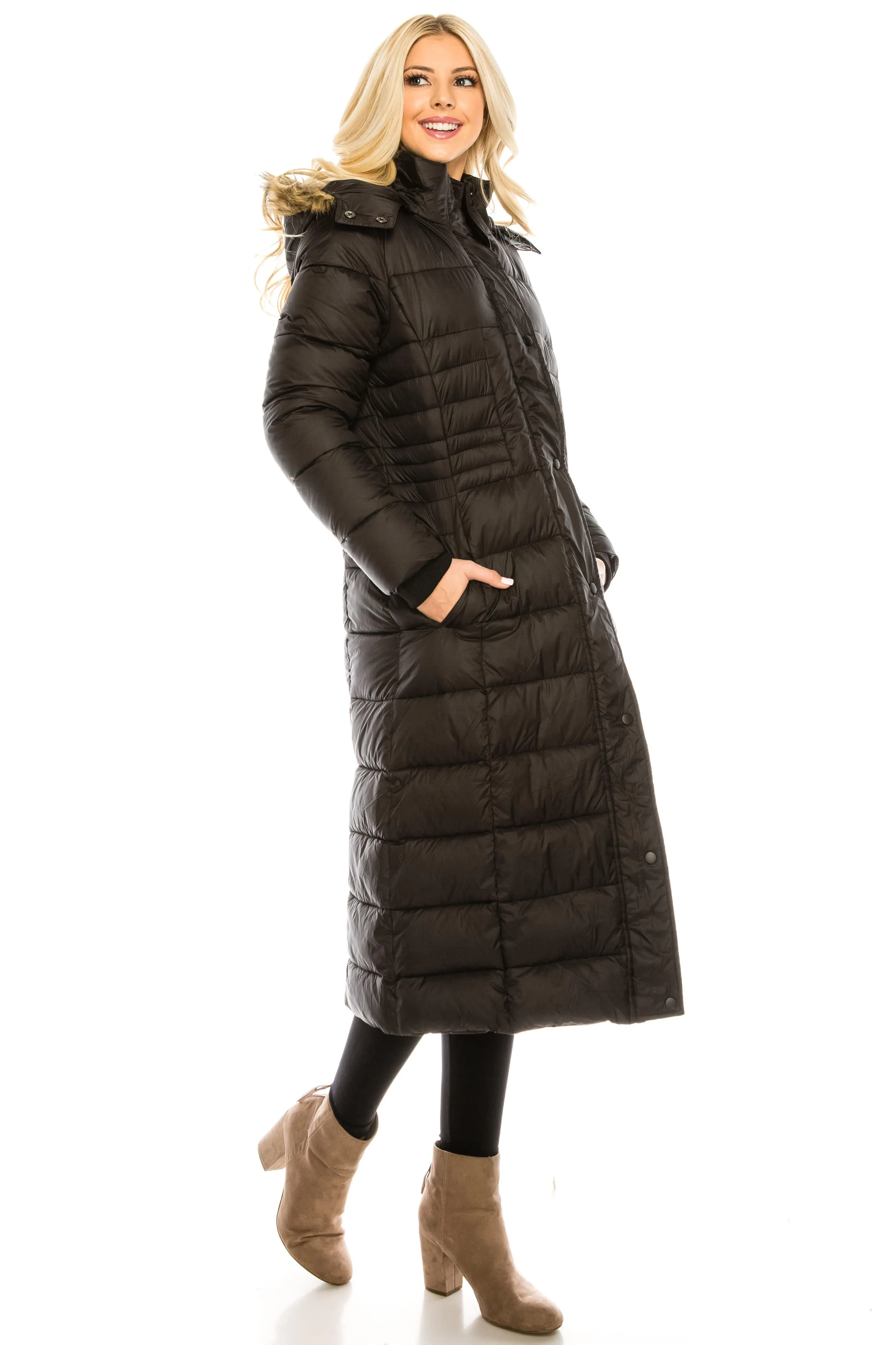 Haute Edition Women's Maxi Length Quilted Puffer with Fur Lined Hood