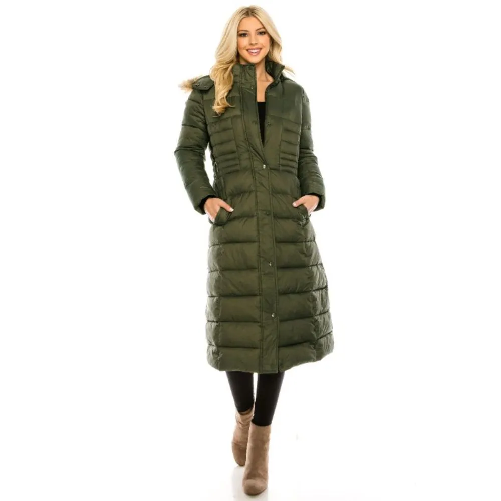 Haute Edition Women's Maxi Length Quilted Puffer with Fur Lined Hood