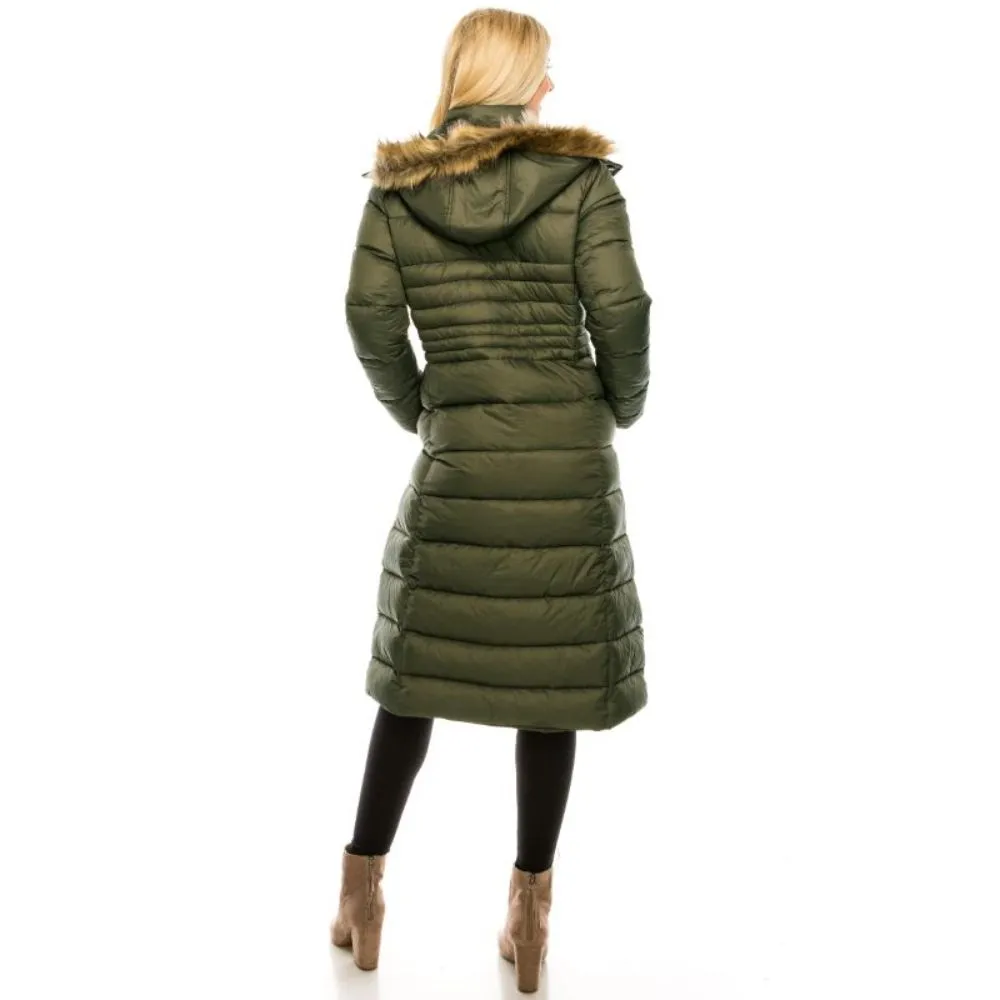 Haute Edition Women's Maxi Length Quilted Puffer with Fur Lined Hood