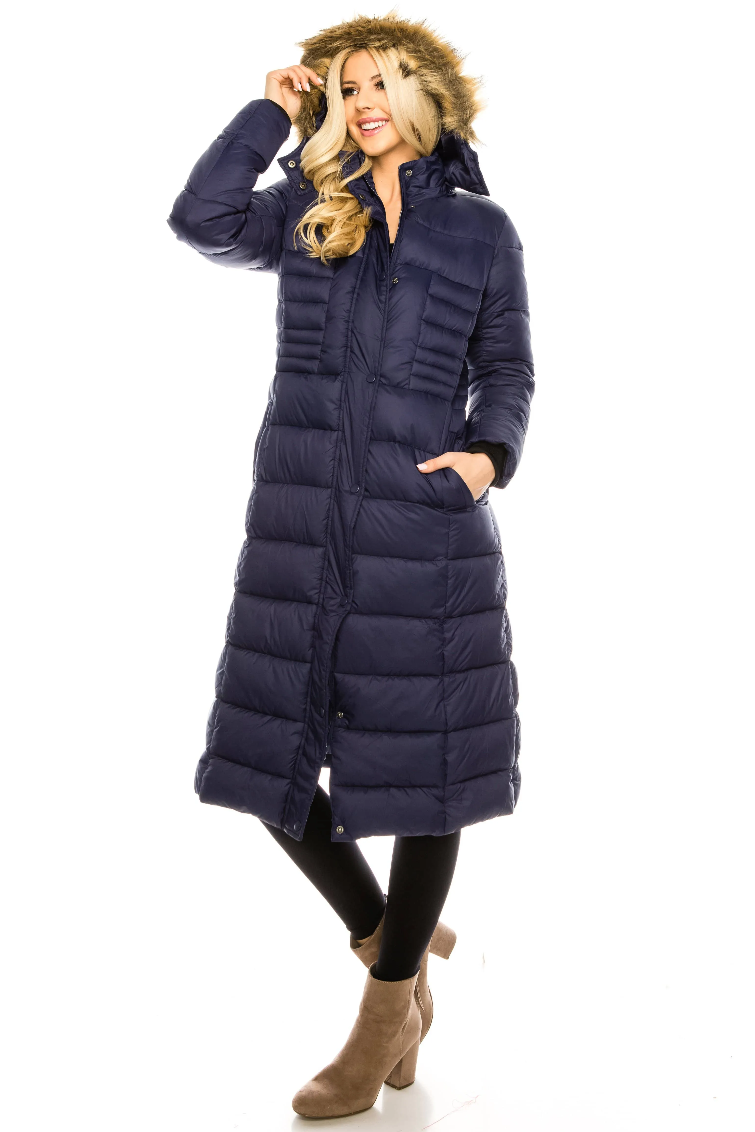 Haute Edition Women's Maxi Length Quilted Puffer with Fur Lined Hood