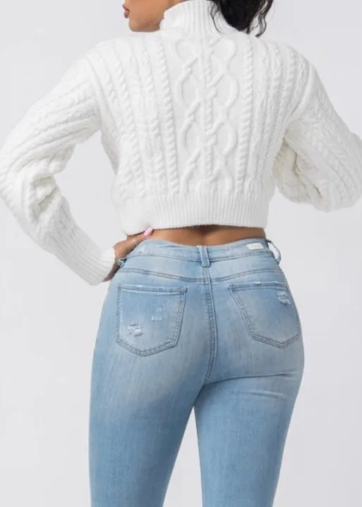 Hera Collection Turtle Neck Crop Cable Sweater (Cream) 22574