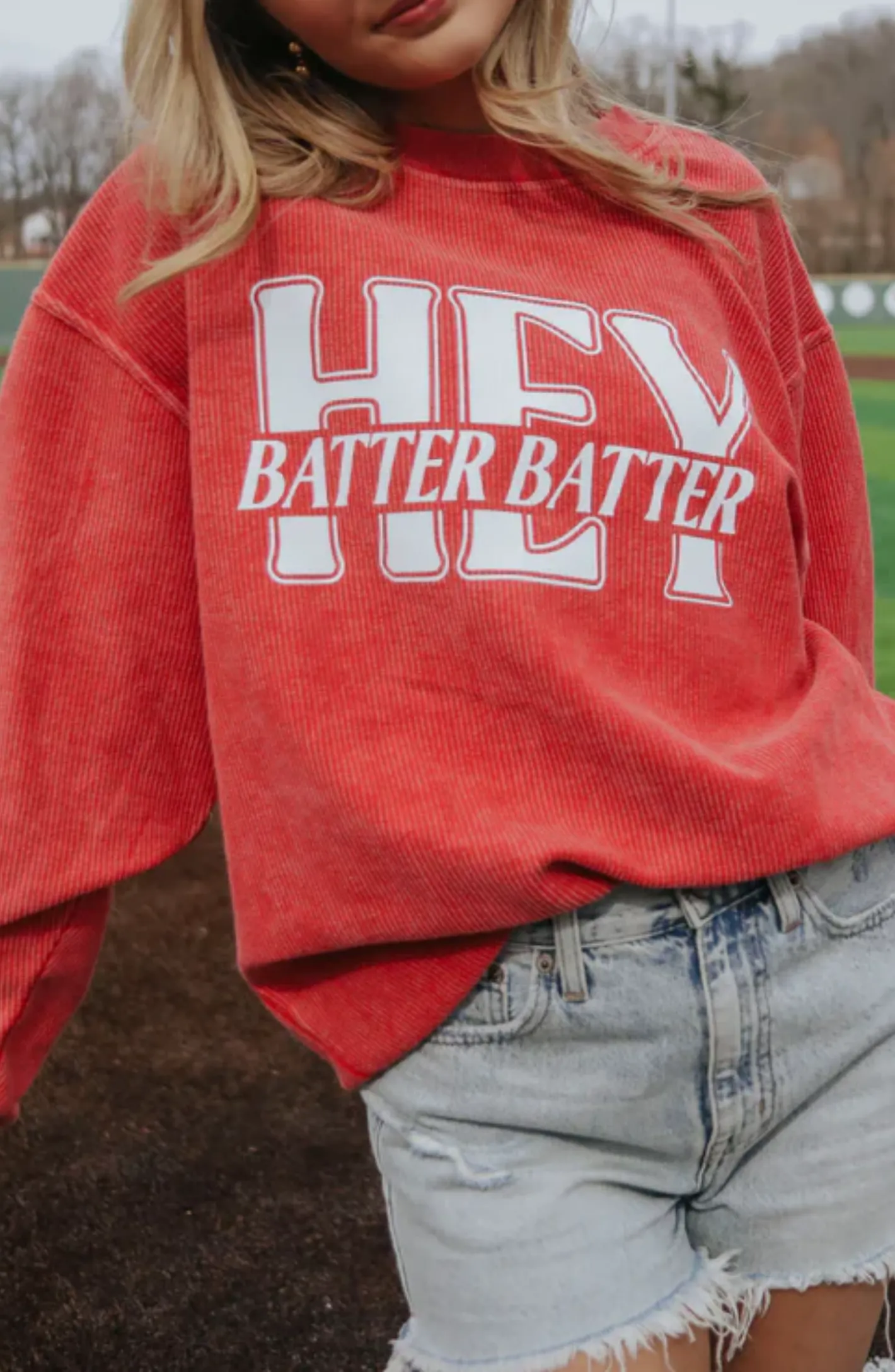 Hey Batter Batter Red Corded Sweatshirt