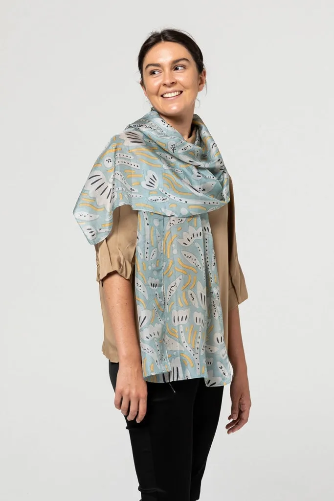 Indus - Silk Scarf - Bush Daisy - Lake, Butter & Indigo