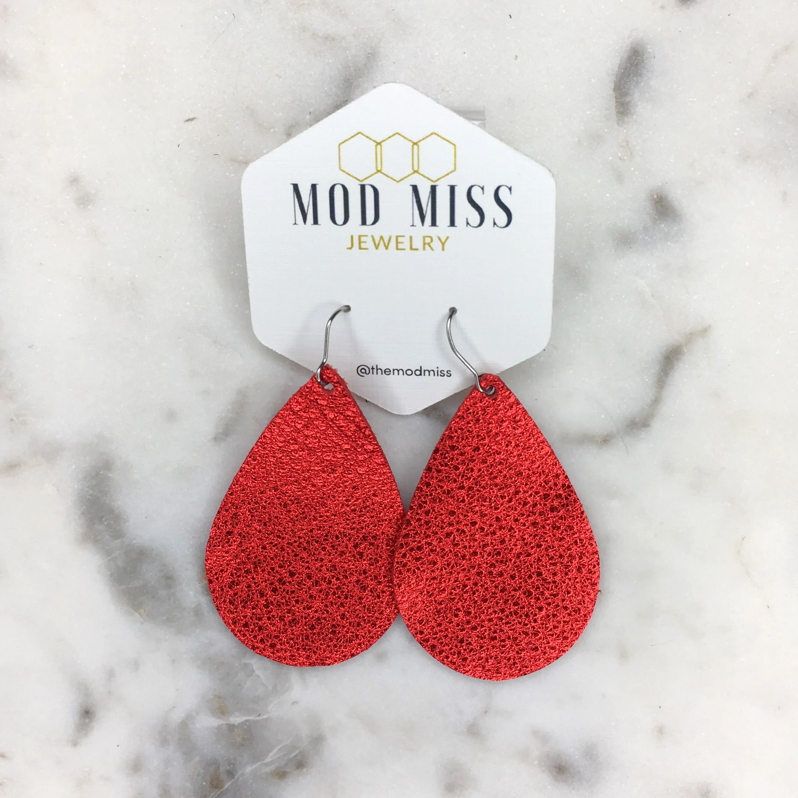 Leather Teardrop Earring Metallic Red