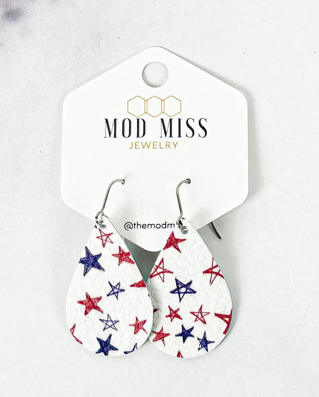 Leather Teardrop Earring Patriotic Stars Scribbles