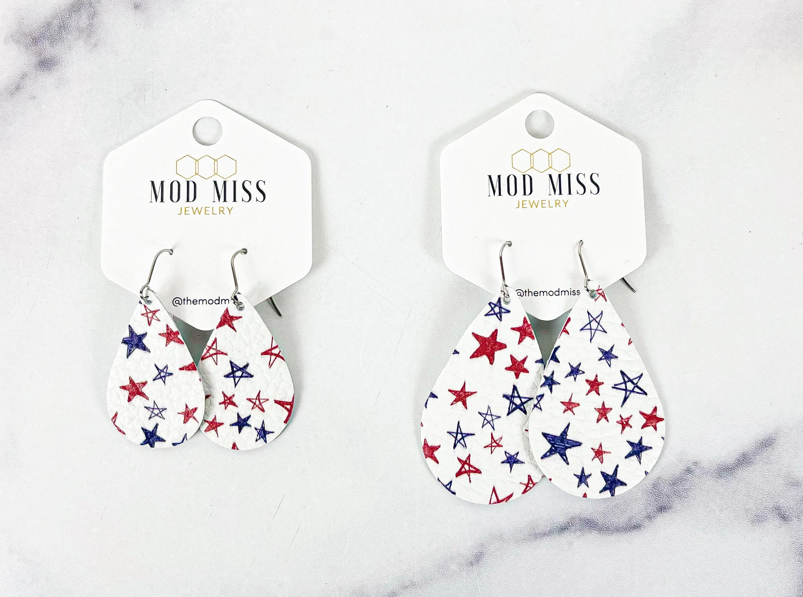 Leather Teardrop Earring Patriotic Stars Scribbles