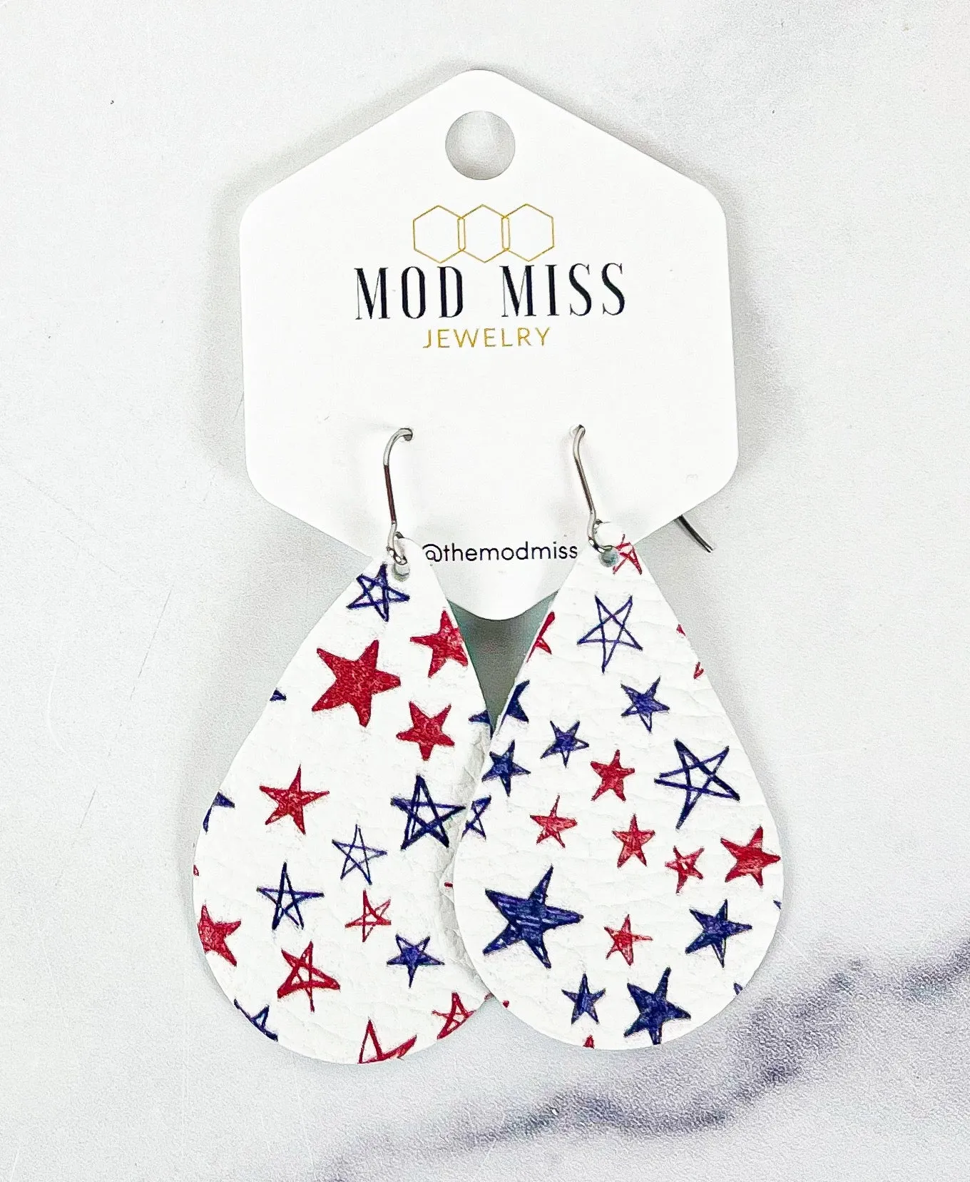 Leather Teardrop Earring Patriotic Stars Scribbles