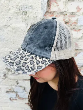 Leopard Brim Distressed Hat  Black