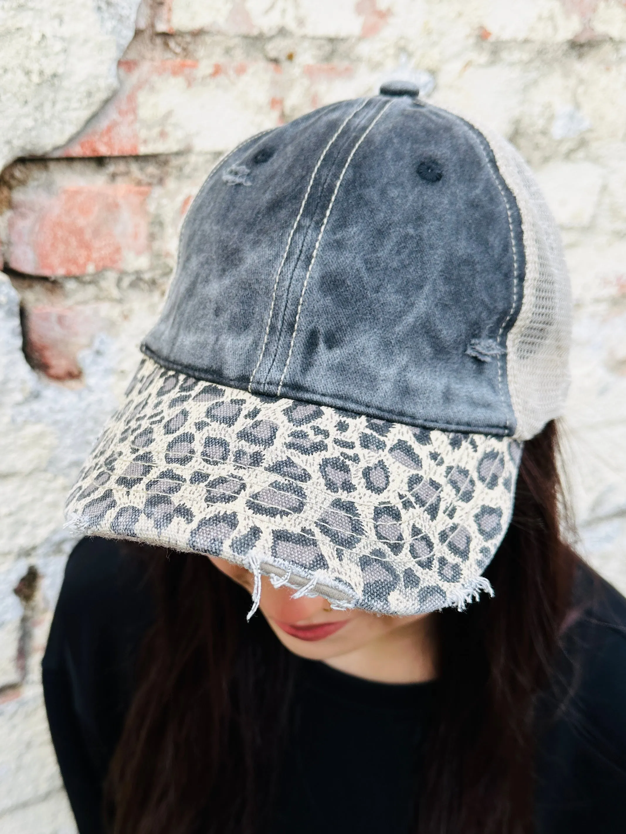 Leopard Brim Distressed Hat  Black