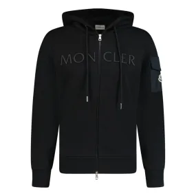 MONCLER LOGO PATCH ZIP FRONT HOODIE BLACK