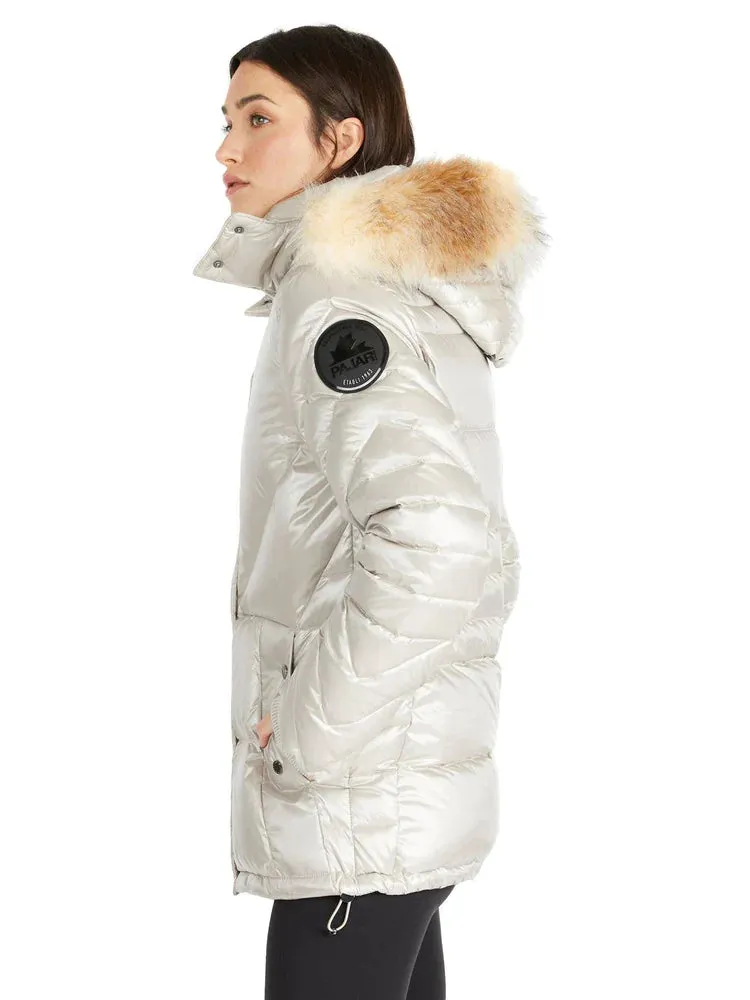 Pajar Womens Viktoria Quilted Puffer Jacket with Detachable Hood and Fur Trim - Champagne