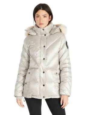 Pajar Womens Viktoria Quilted Puffer Jacket with Detachable Hood and Fur Trim - Champagne