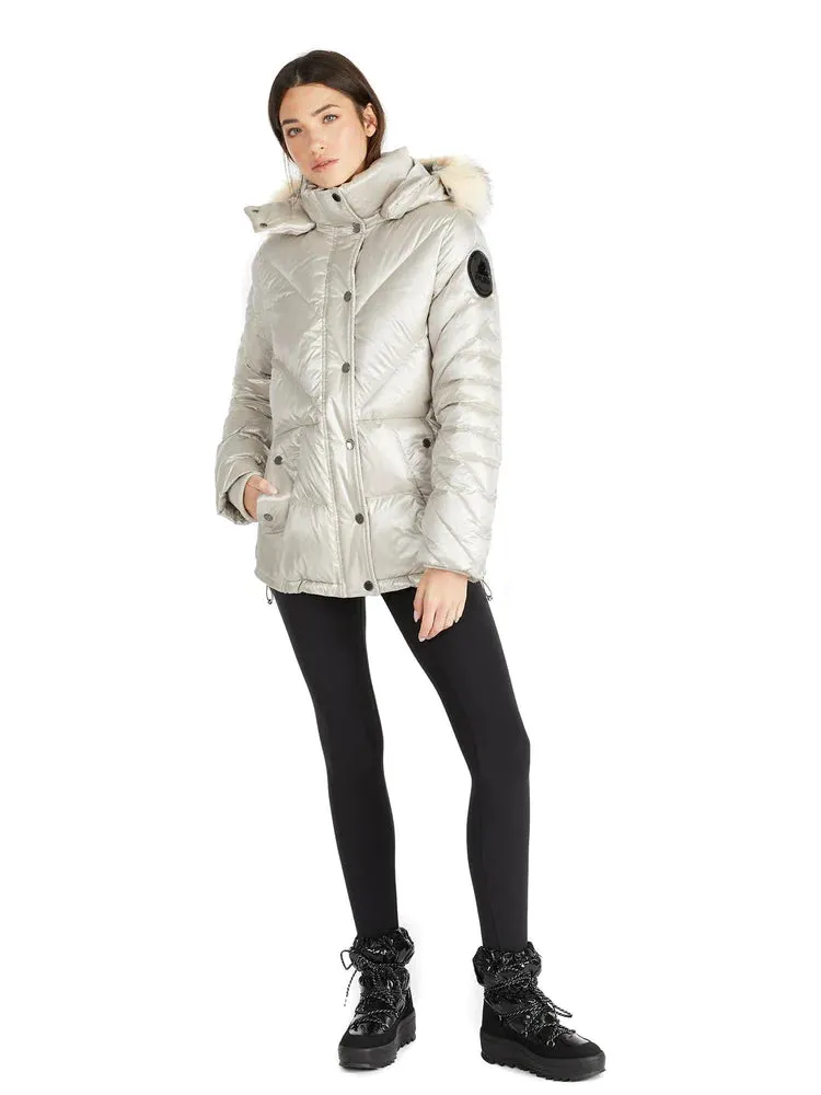 Pajar Womens Viktoria Quilted Puffer Jacket with Detachable Hood and Fur Trim - Champagne