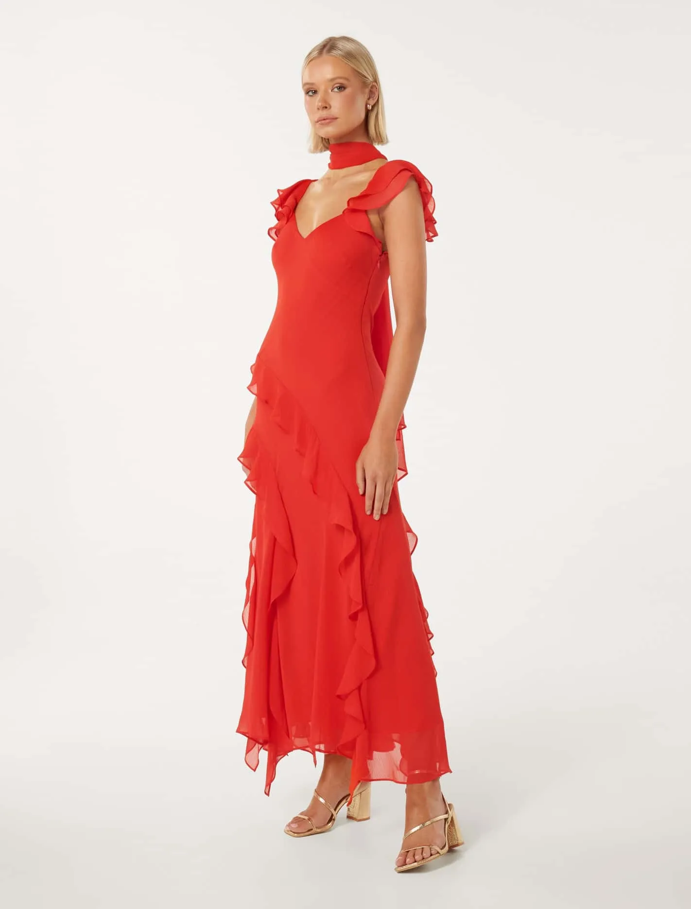 Polly Ruffle Sleeve Midi Dress with Scarf