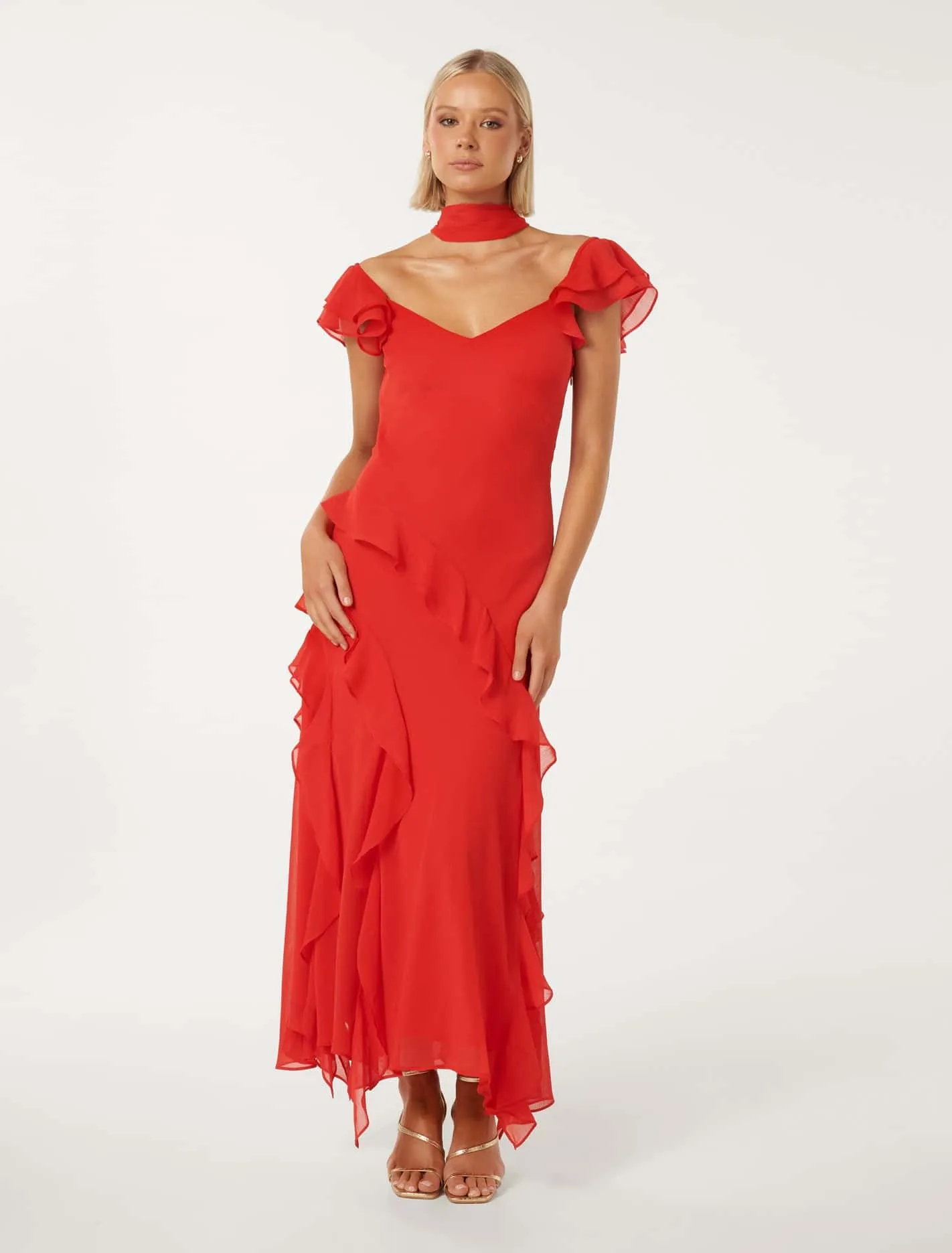 Polly Ruffle Sleeve Midi Dress with Scarf