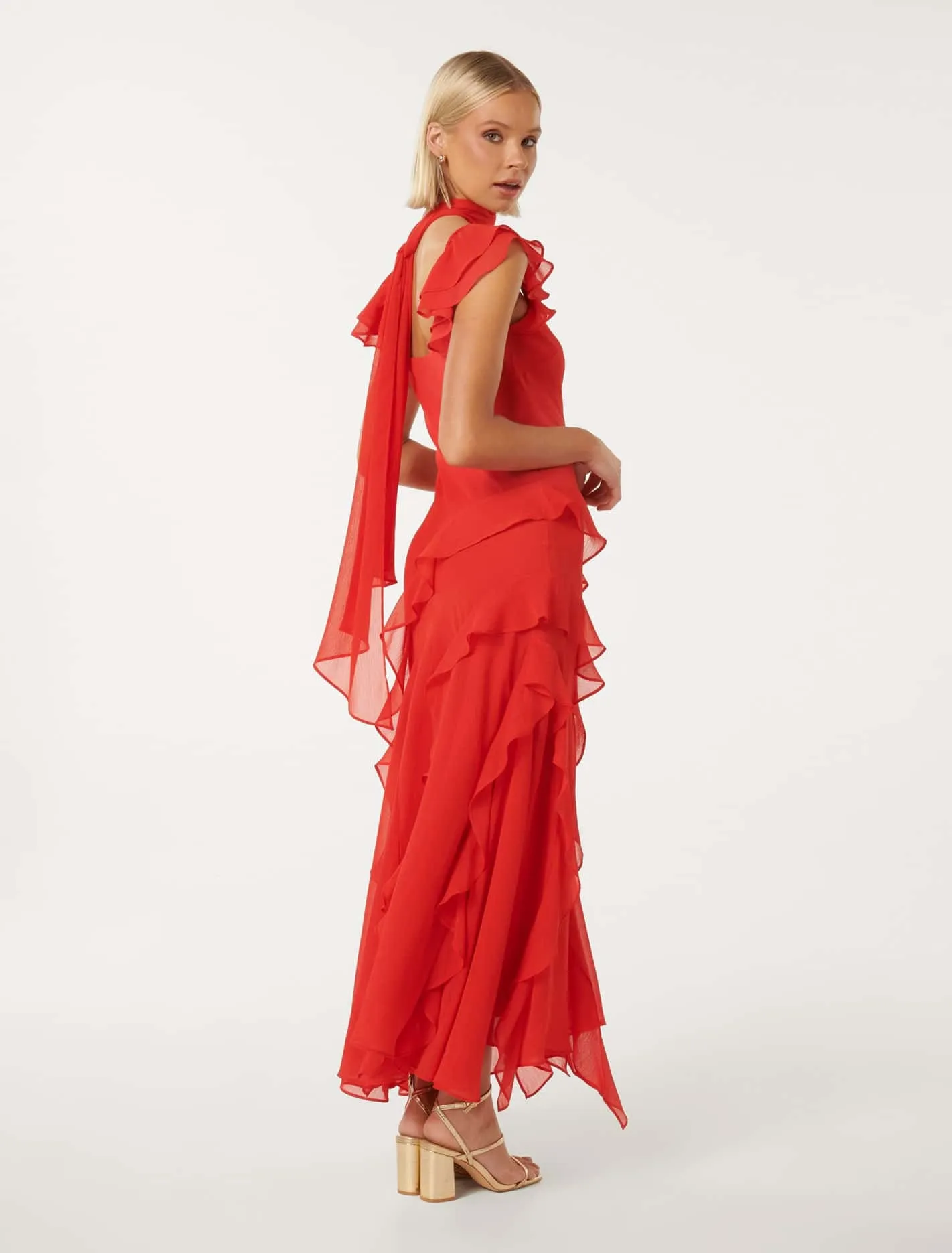 Polly Ruffle Sleeve Midi Dress with Scarf