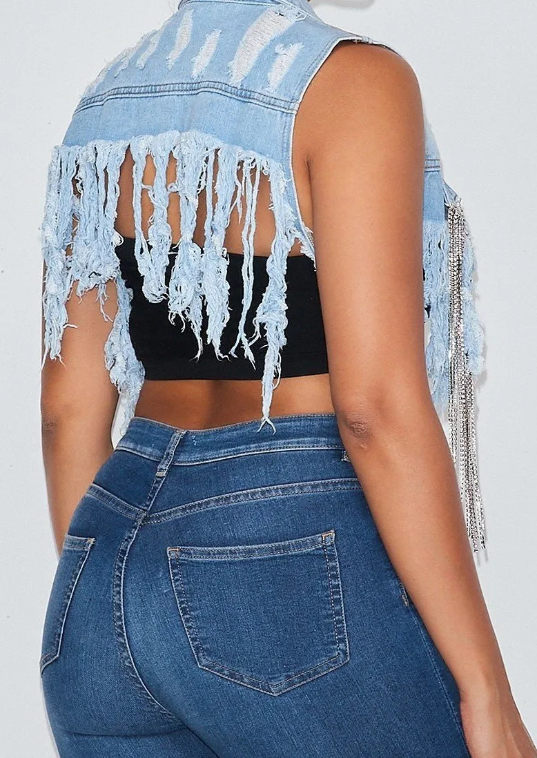 Ravix Rhinestone Distressed Cropped Denim Jacket