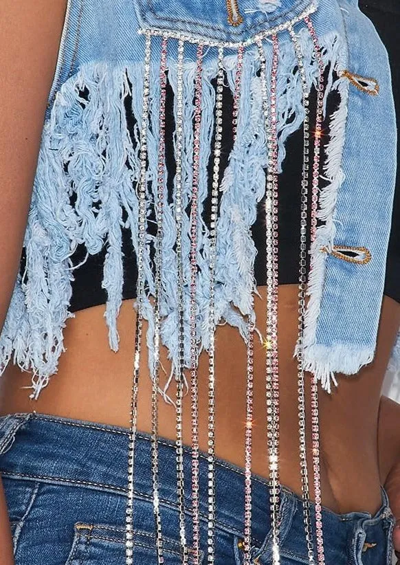 Ravix Rhinestone Distressed Cropped Denim Jacket