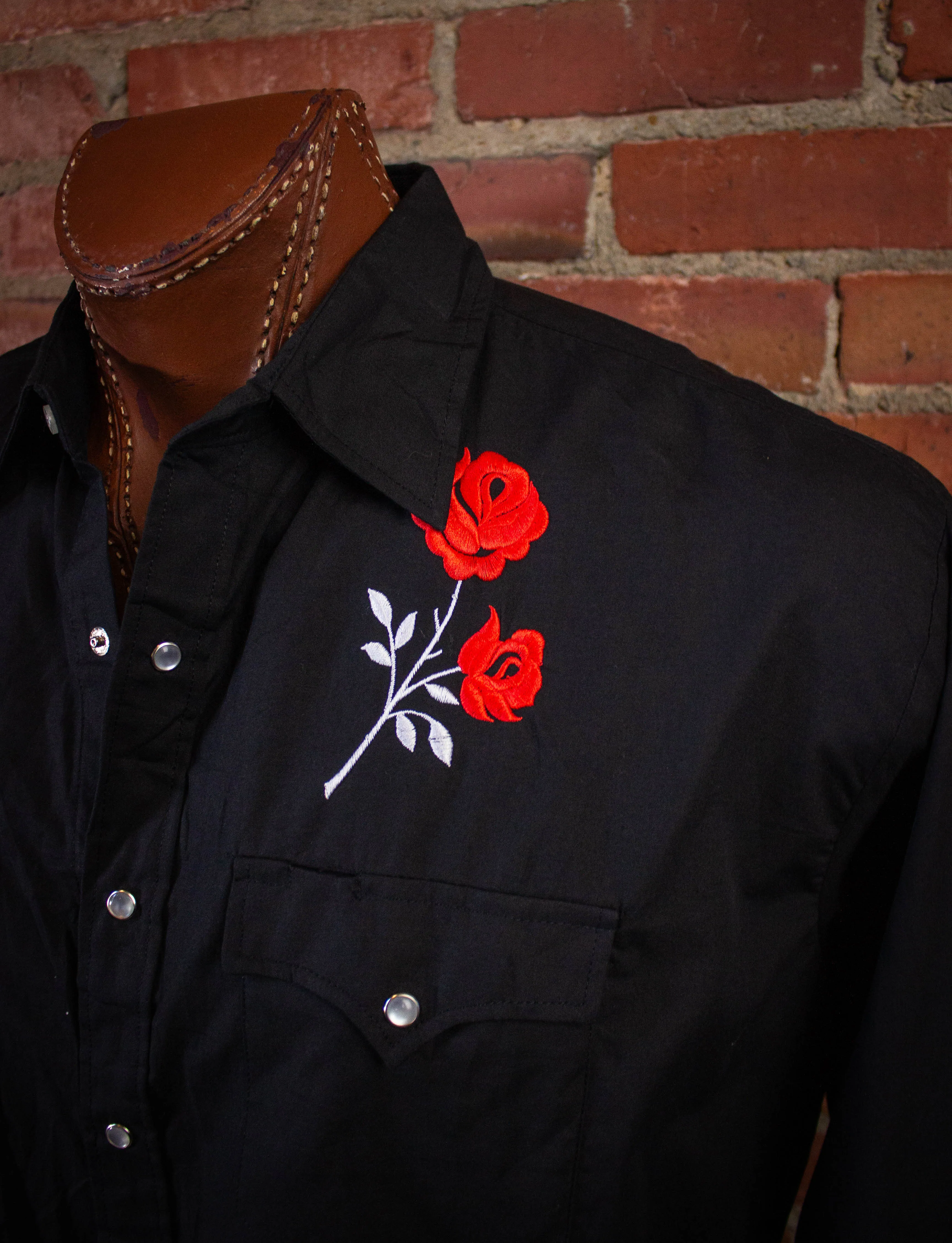 Vintage High Noon Rose Embroidery Pearl Snap Western Shirt Black XL