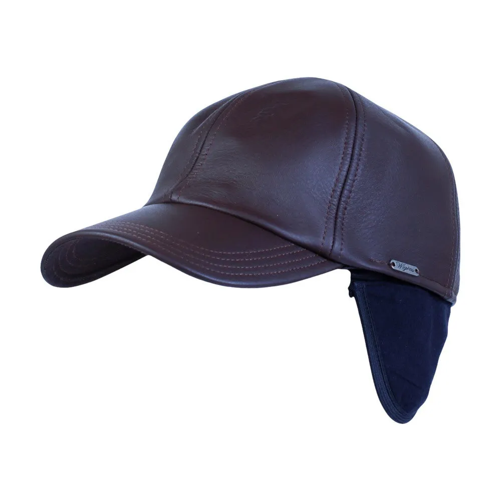 Wigens Dark Brown Elk Leather Baseball Cap with hidden Earflaps