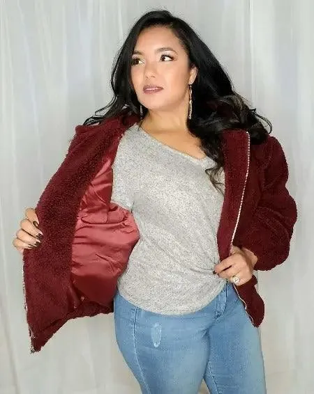 Women's Burgundy Jacket | Fuzzy Long Sleeves Hoodie Jacket