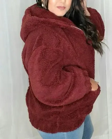 Women's Burgundy Jacket | Fuzzy Long Sleeves Hoodie Jacket