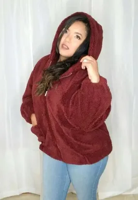 Women's Burgundy Jacket | Fuzzy Long Sleeves Hoodie Jacket