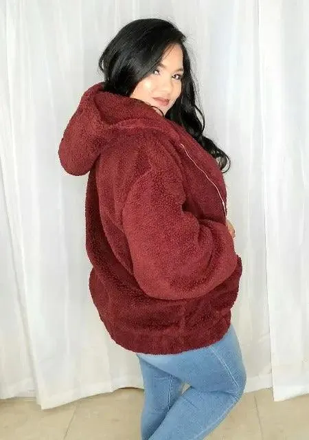 Women's Burgundy Jacket | Fuzzy Long Sleeves Hoodie Jacket