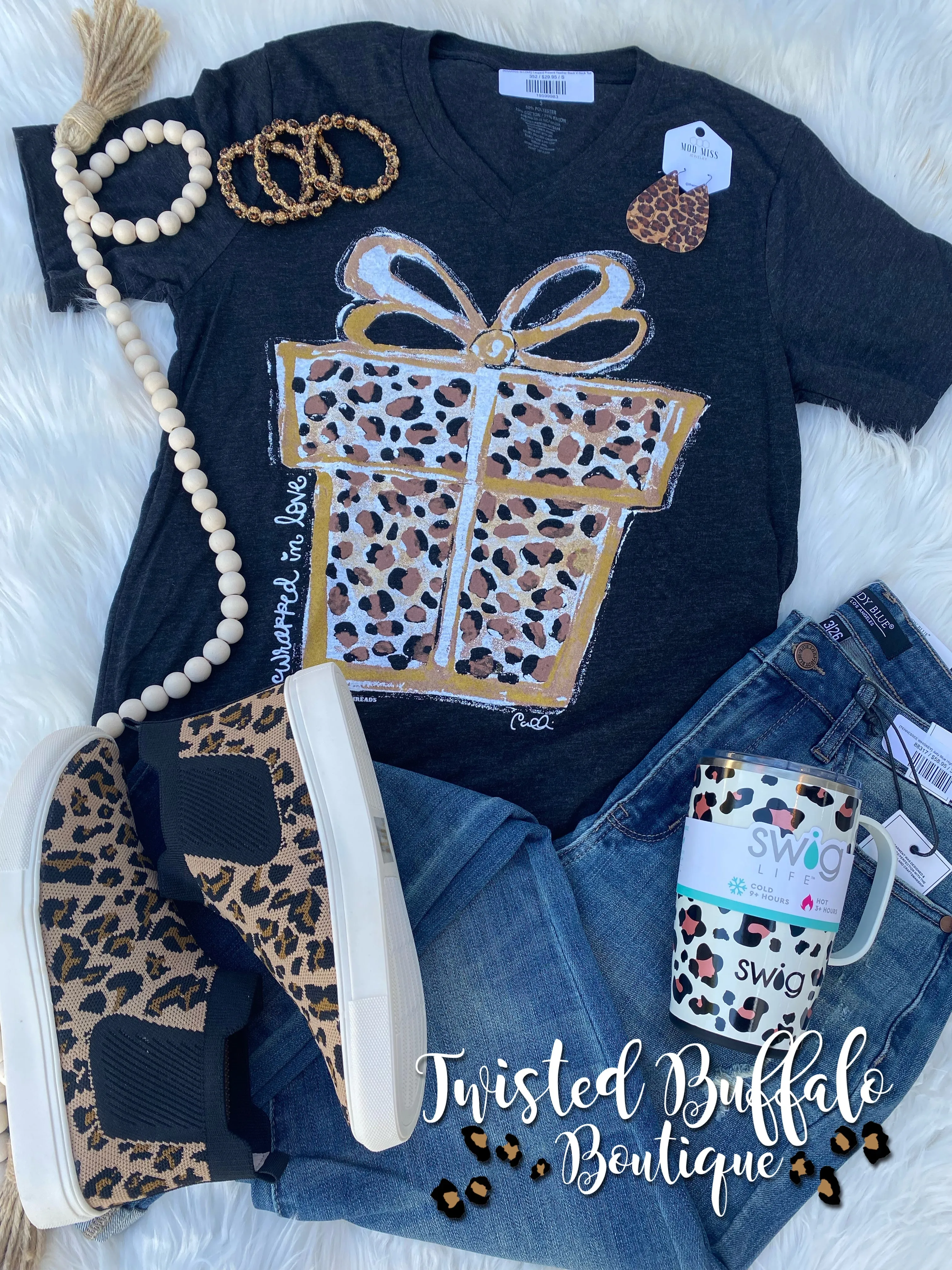 {WRAPPED IN LOVE} Leopard Present Heather Black V-Neck Tee